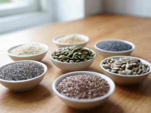 Plusieurs bol de graines sur une table à manger