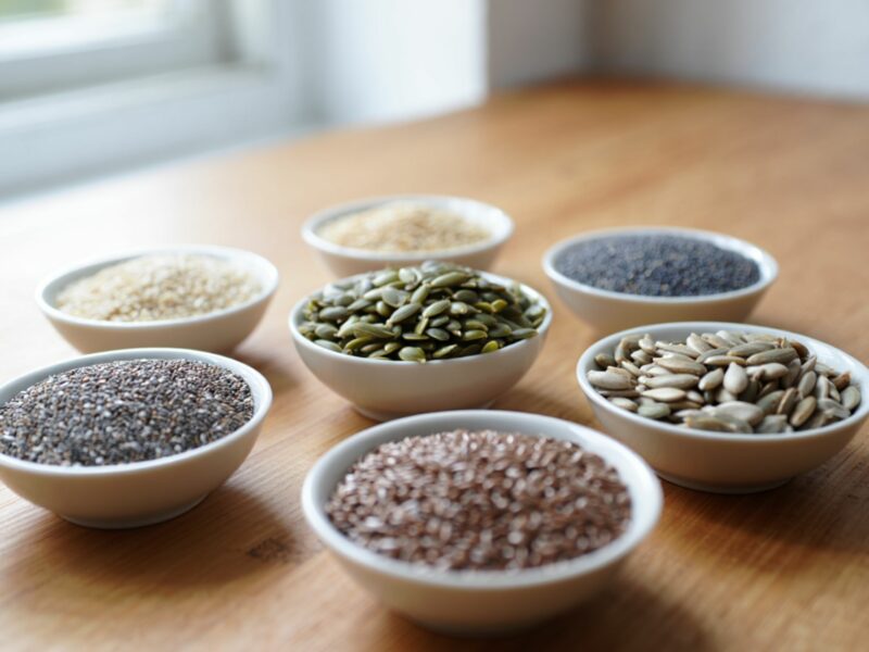 Plusieurs bol de graines sur une table à manger