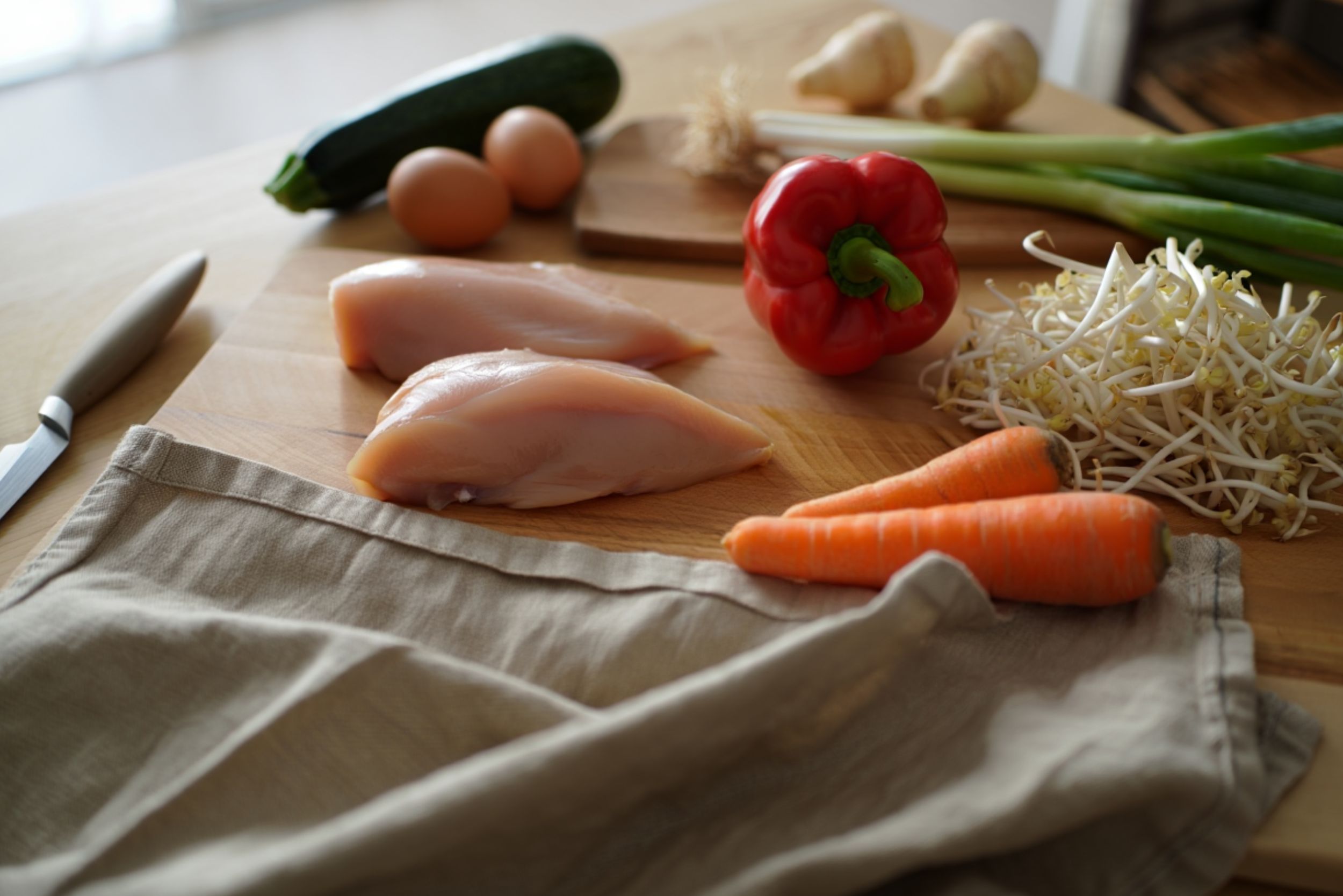 Ingrédients pour réaliser un pad thaï au poulet et légumes
