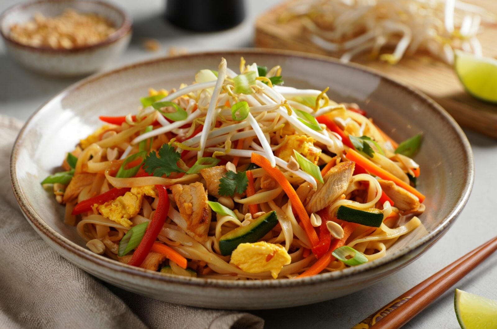 Pad thaï au poulet et légumes