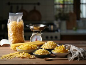 Plusieurs types de pâtes sur une table avec une balance